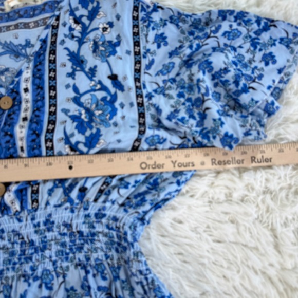 Seven Islands Blue Floral Boho Maxi Dress XL Short Sleeve Smocked Waist Rayon - Picture 7 of 12